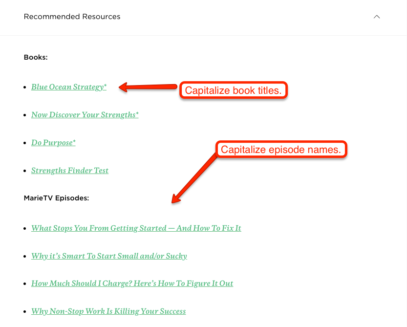Capitalize book titles and episode names in online course